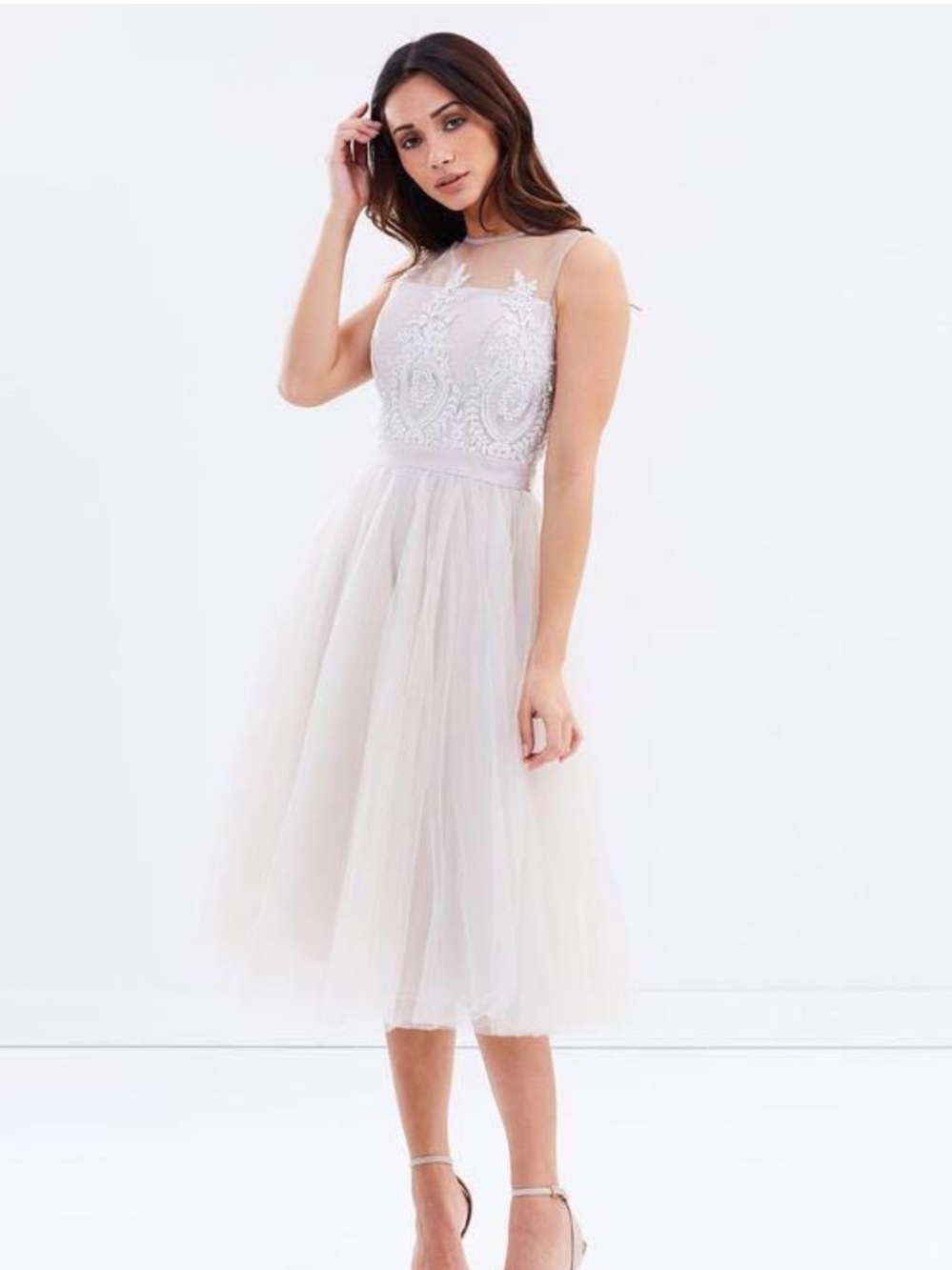 Chi Chi London Blush Pink Tulle Midi Dress with Lace Appliqué